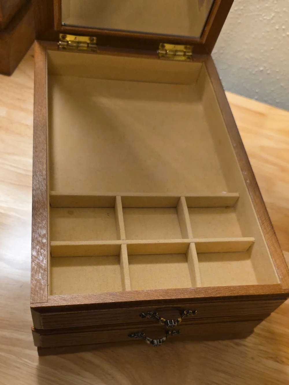 Vintage Mid-Century Wooden Jewelry Box Featuring Built-in Beveled Mirror